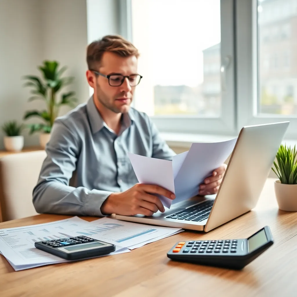 Persoon die spaarrekeningen vergelijkt op laptop met financiële documenten