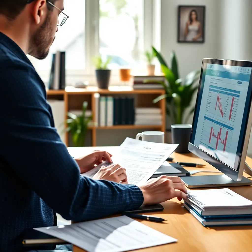 Smartphone met financiële apps op het scherm naast een koffiekopje en notitieblok