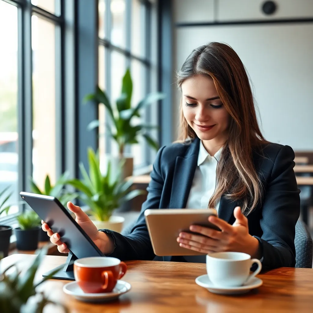 Persoon die financiële apps vergelijkt op smartphone en tablet